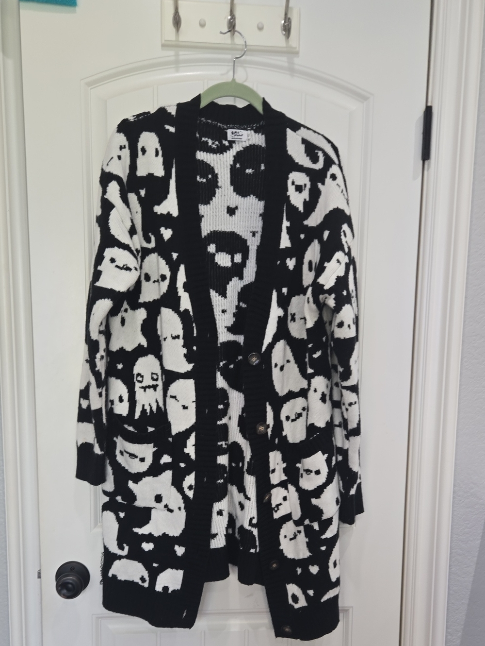 Em & Sprout Black & White Ghost Pattern Button Cardigan - Picture 1 of 3